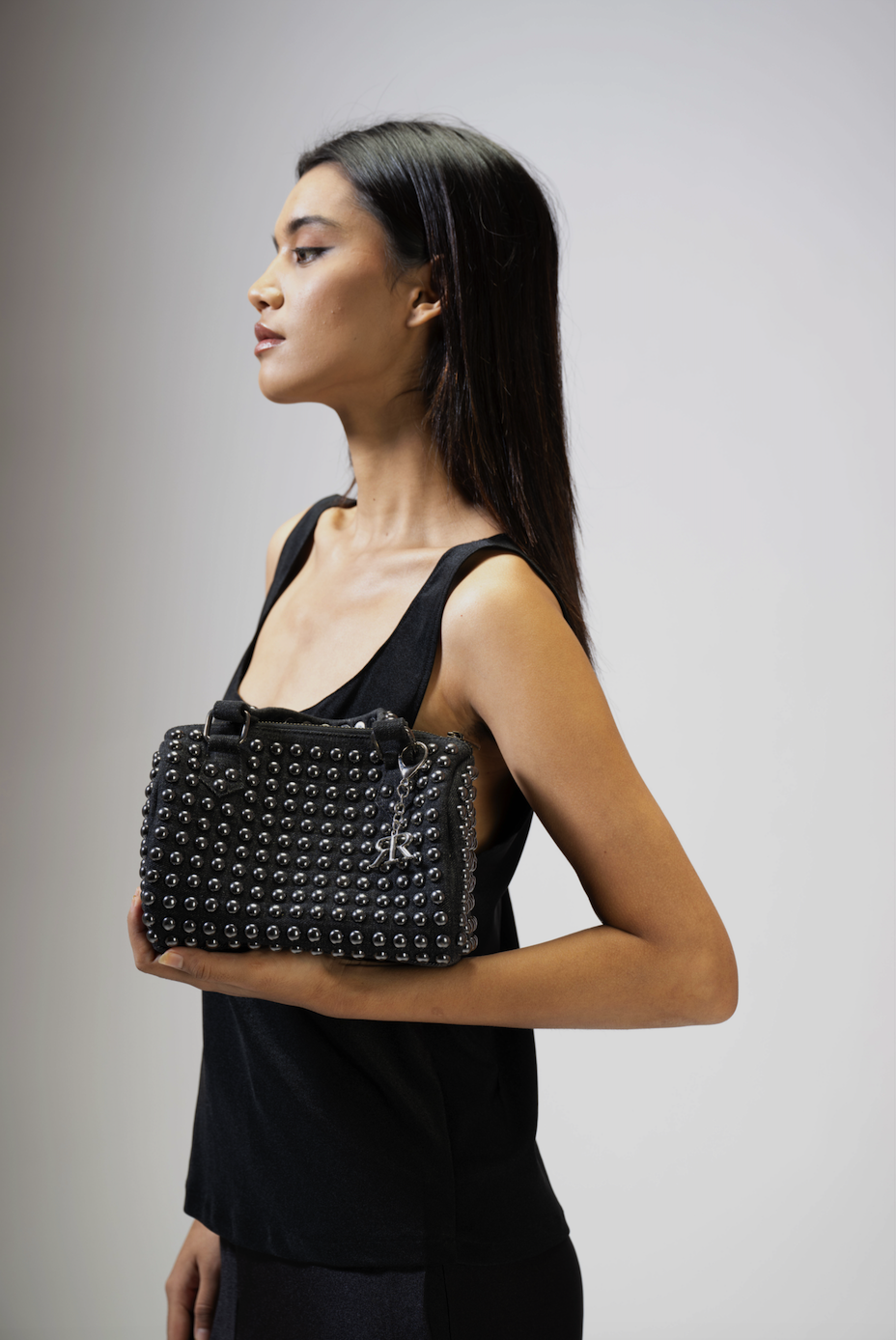 Charcoal Studded Barrel Bag
